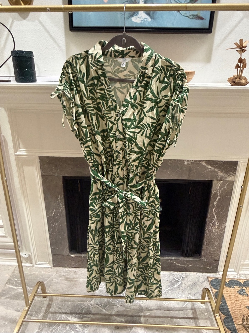 Time and Tru Cream Midi Dress with Green Leaf Print